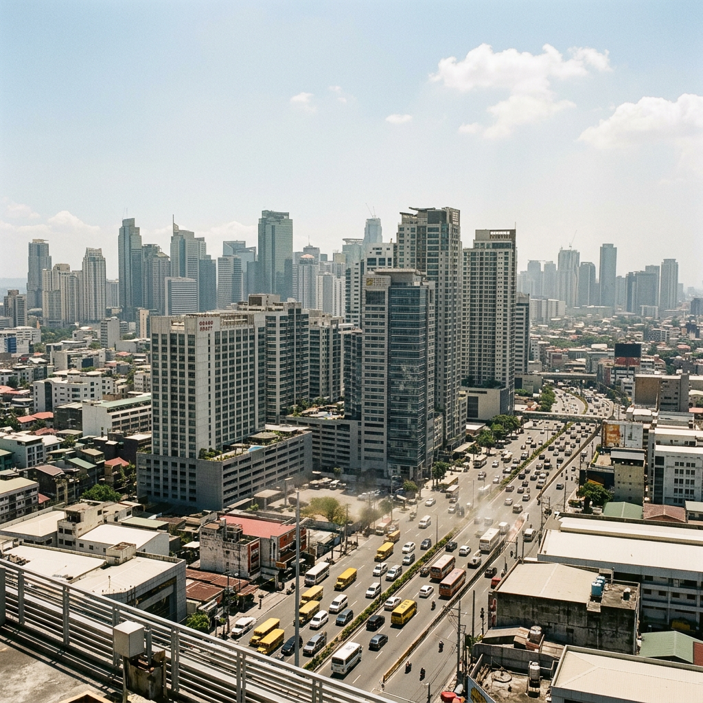 Cityscape showing multiple skyscrapers and congested highway with cars and buses